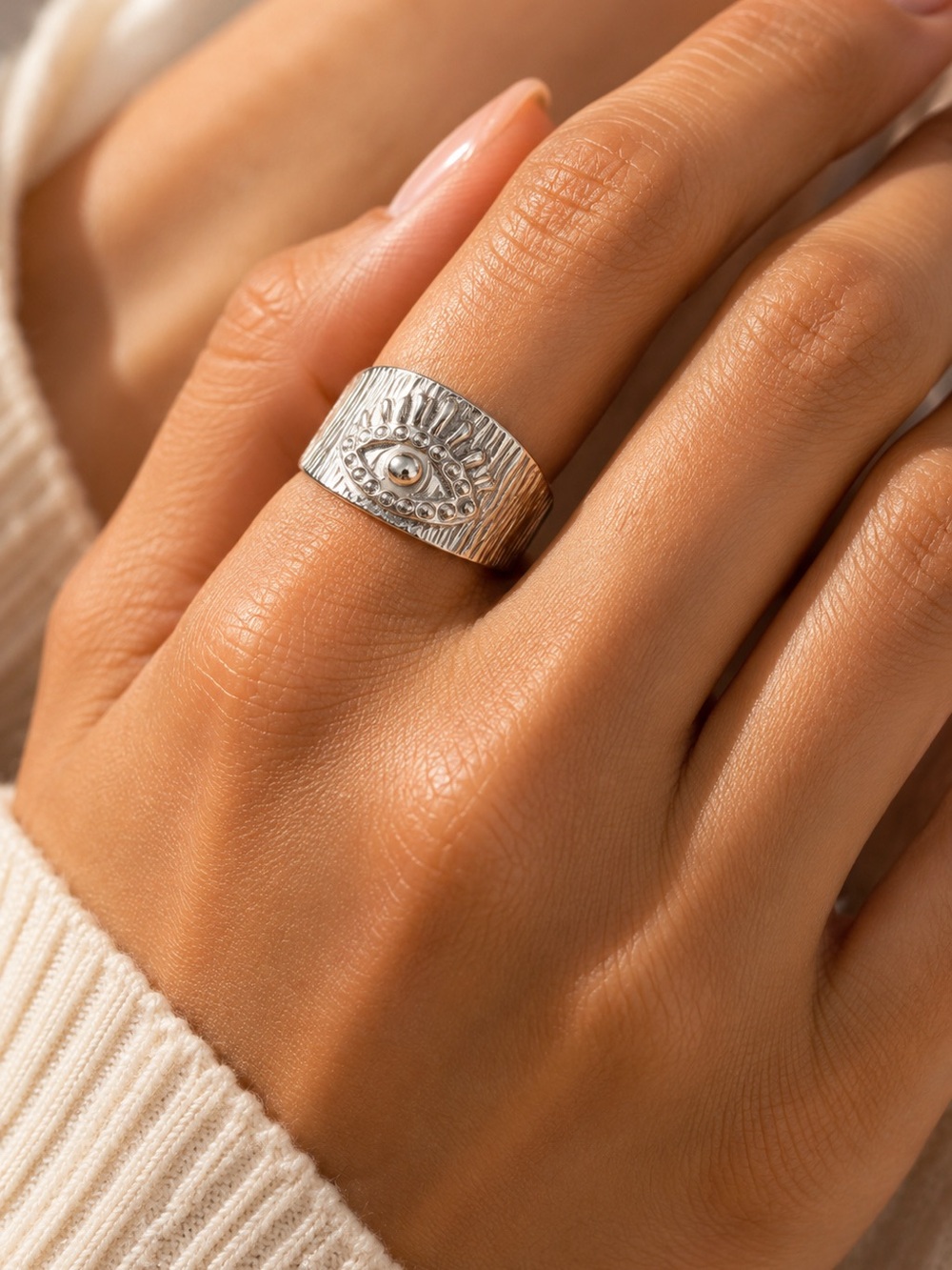 Silver Evil Eye Adjustable Ring Stainless Steel Waterproof